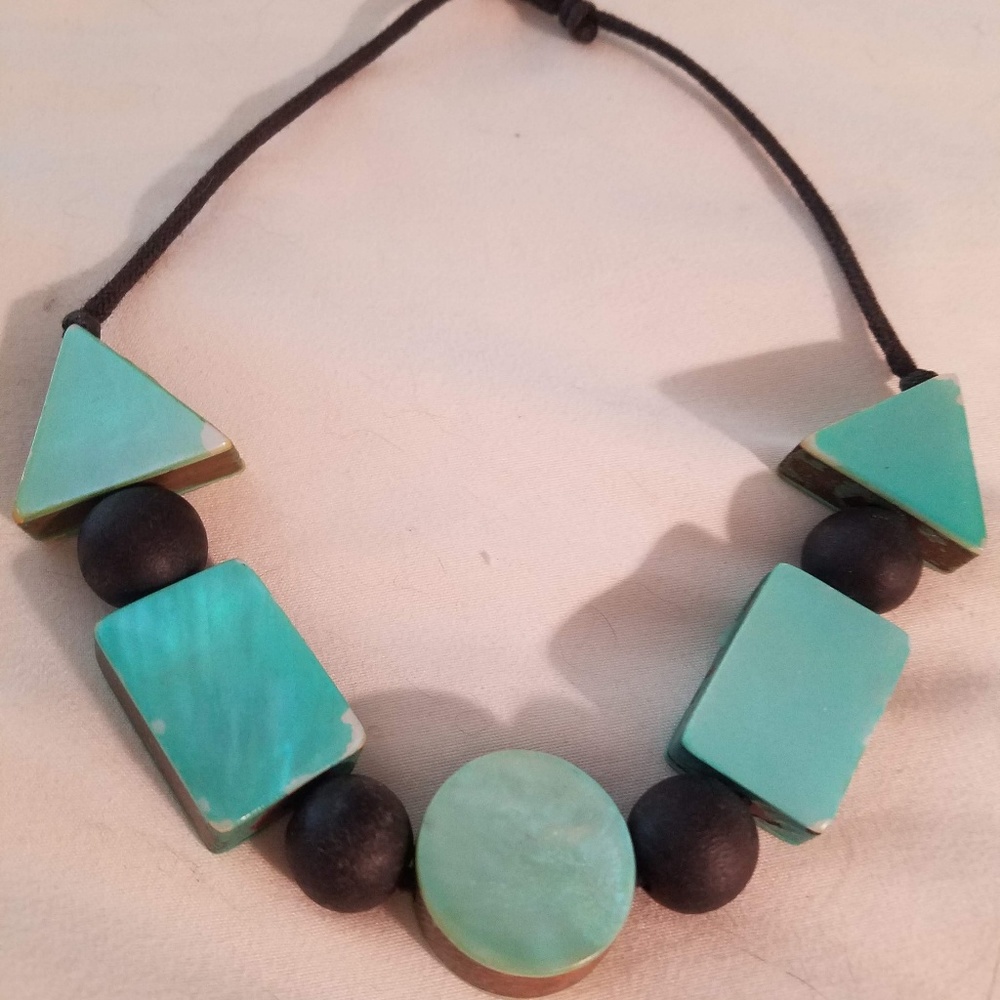 Turquoise Abalone shell choker, black silk cord.
